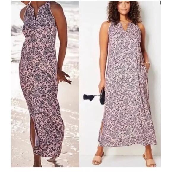 J Jill MP Island Breeze Blush Pink Blue Floral Maxi Dress Fairy Sleeveless Bloom - Picture 2 of 11